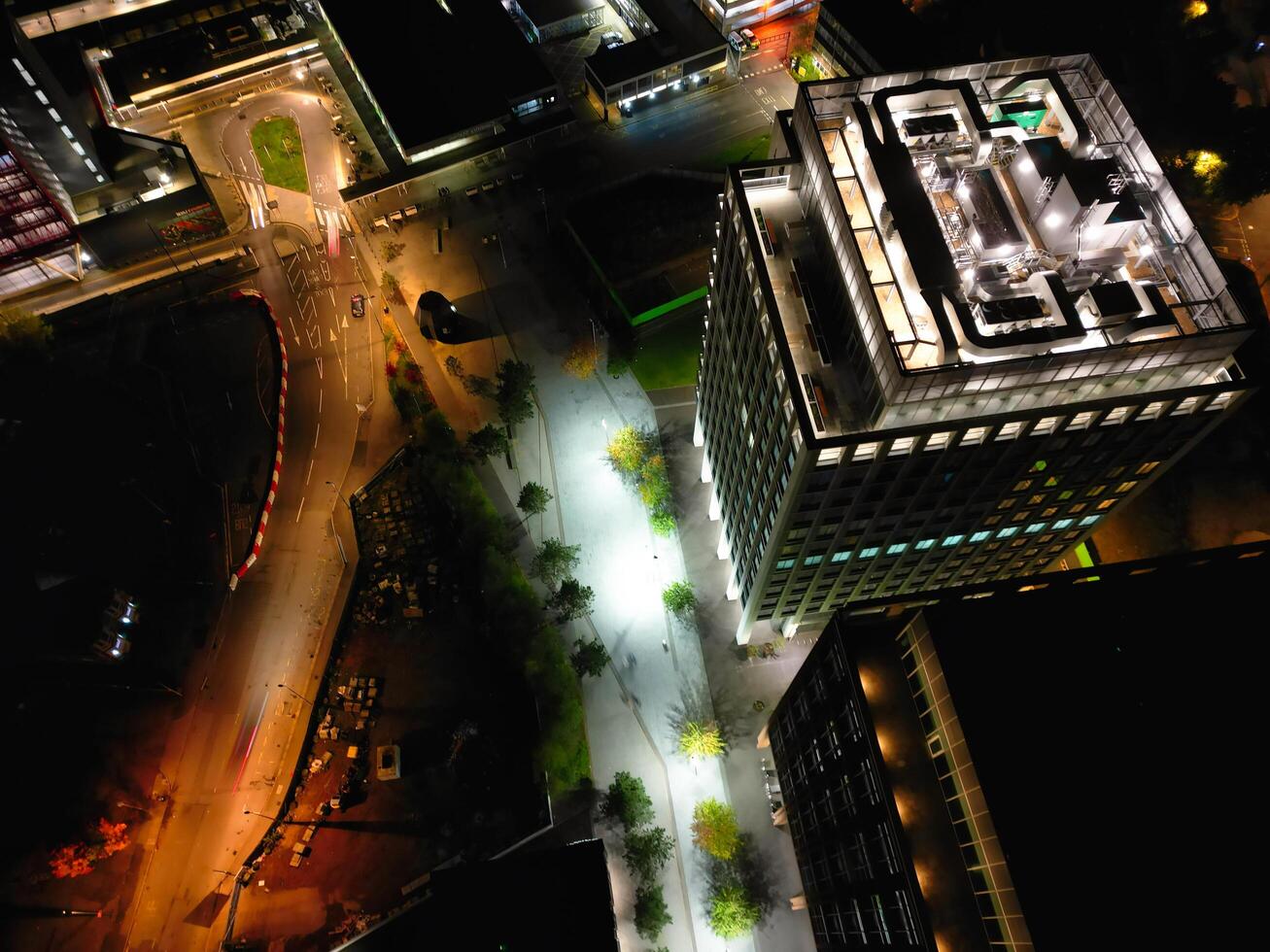 High Angle View of Illuminated Historical Central Coventry City Centre Downtown of England United Kingdom. Aerial footage Was Captured on After Midnight with Drone's Camera on October 23rd, 2024 photo