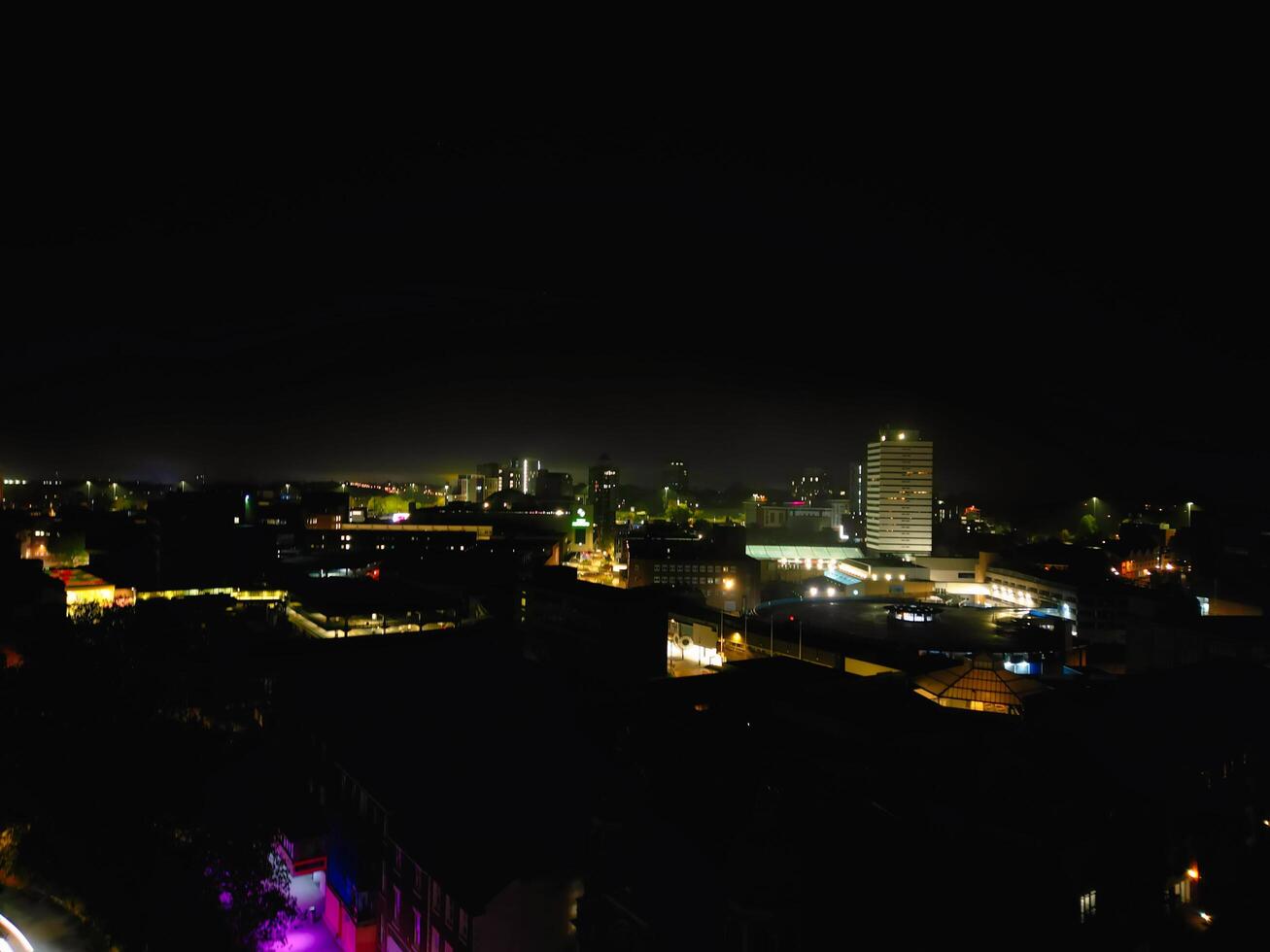 High Angle View of Illuminated Historical Central Coventry City Centre Downtown of England United Kingdom. Aerial footage Was Captured on After Midnight with Drone's Camera on October 23rd, 2024 photo