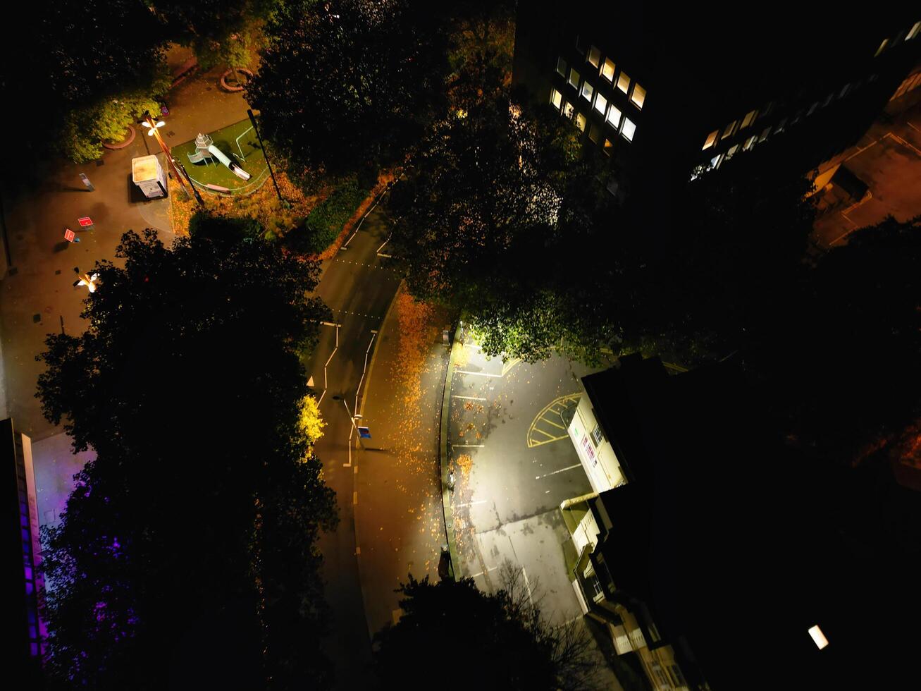 High Angle View of Illuminated Historical Central Coventry City Centre Downtown of England United Kingdom. Aerial footage Was Captured on After Midnight with Drone's Camera on October 23rd, 2024 photo