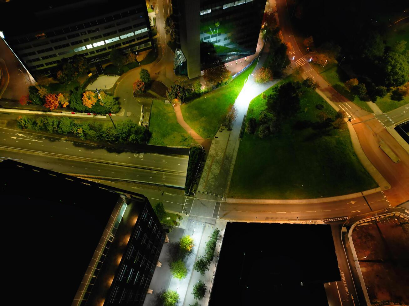 High Angle View of Illuminated Historical Central Coventry City Centre Downtown of England United Kingdom. Aerial footage Was Captured on After Midnight with Drone's Camera on October 23rd, 2024 photo