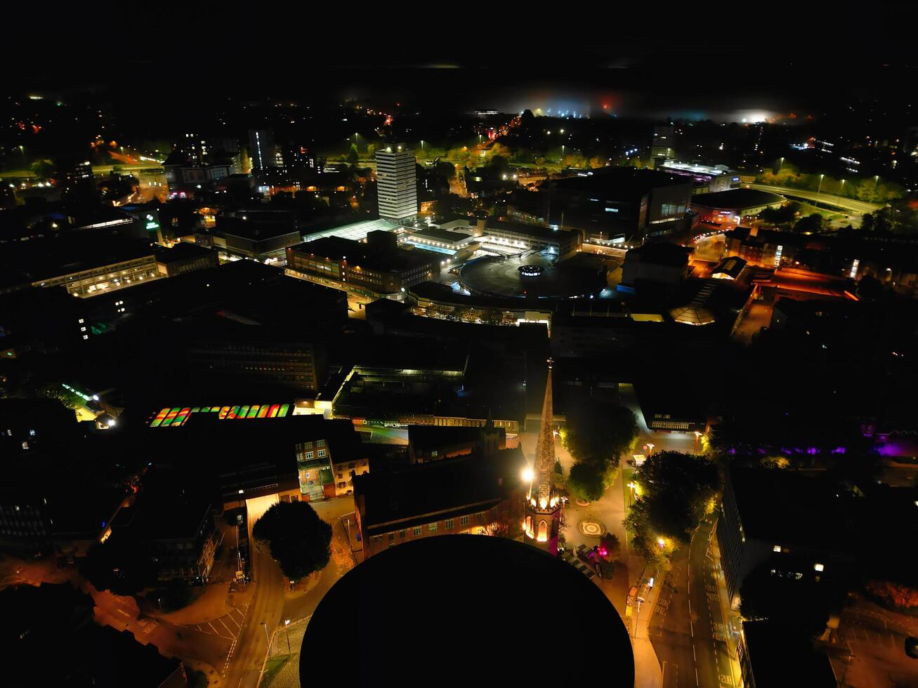 High Angle View of Illuminated Historical Central Coventry City Centre Downtown of England United Kingdom. Aerial footage Was Captured on After Midnight with Drone's Camera on October 23rd, 2024 photo