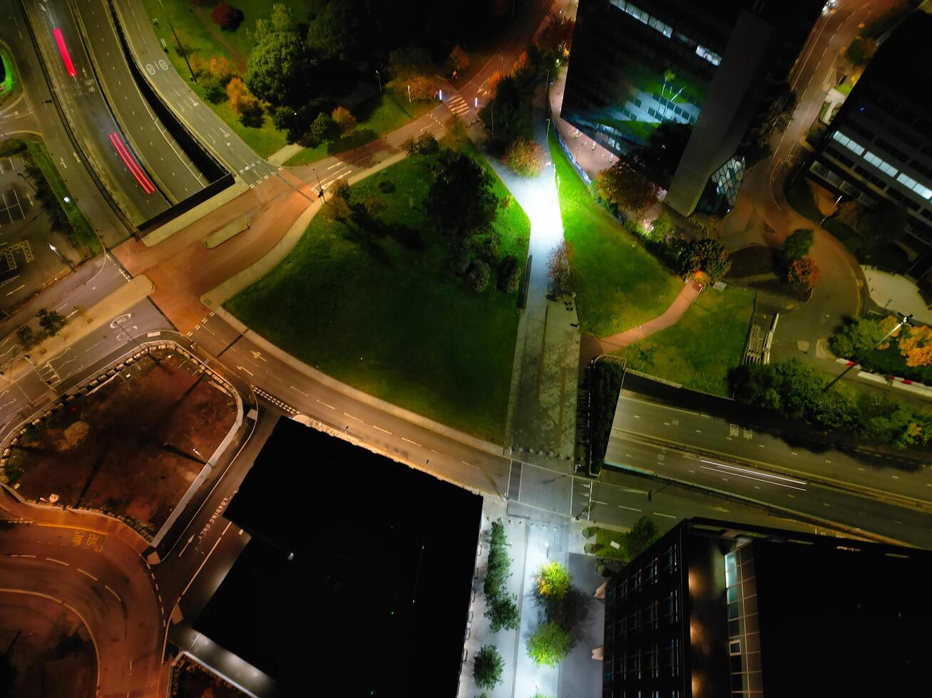 High Angle View of Illuminated Historical Central Coventry City Centre Downtown of England United Kingdom. Aerial footage Was Captured on After Midnight with Drone's Camera on October 23rd, 2024 photo