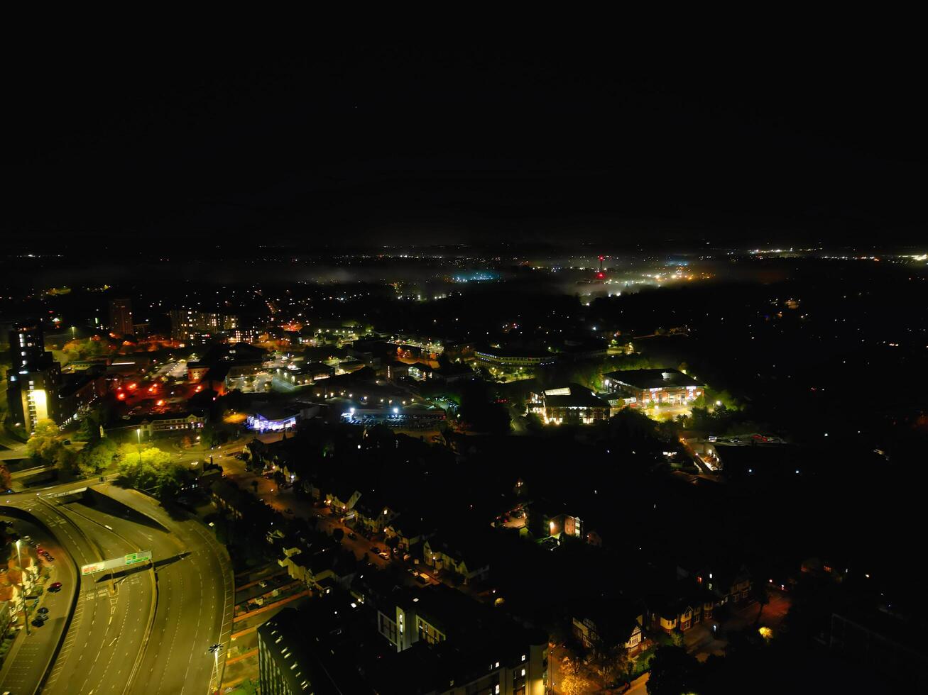 High Angle View of Illuminated Historical Central Coventry City Centre Downtown of England United Kingdom. Aerial footage Was Captured on After Midnight with Drone's Camera on October 23rd, 2024 photo
