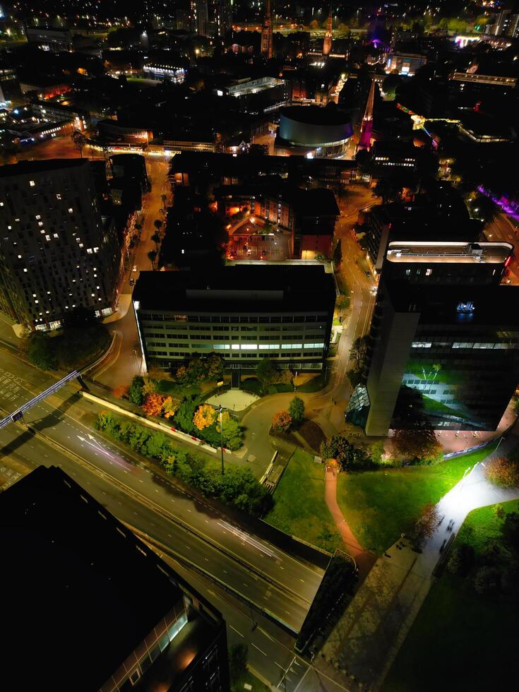 High Angle View of Illuminated Historical Central Coventry City Centre Downtown of England United Kingdom. Aerial footage Was Captured on After Midnight with Drone's Camera on October 23rd, 2024 photo