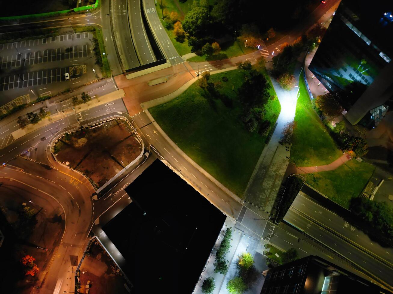 High Angle View of Illuminated Historical Central Coventry City Centre Downtown of England United Kingdom. Aerial footage Was Captured on After Midnight with Drone's Camera on October 23rd, 2024 photo