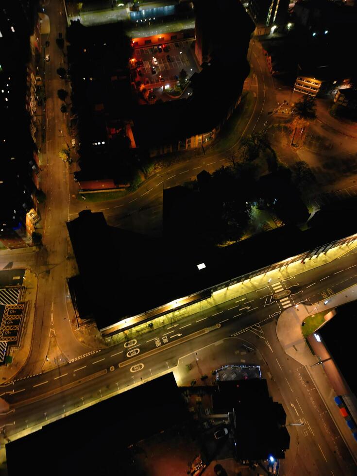 High Angle View of Illuminated Historical Central Coventry City Centre Downtown of England United Kingdom. Aerial footage Was Captured on After Midnight with Drone's Camera on October 23rd, 2024 photo