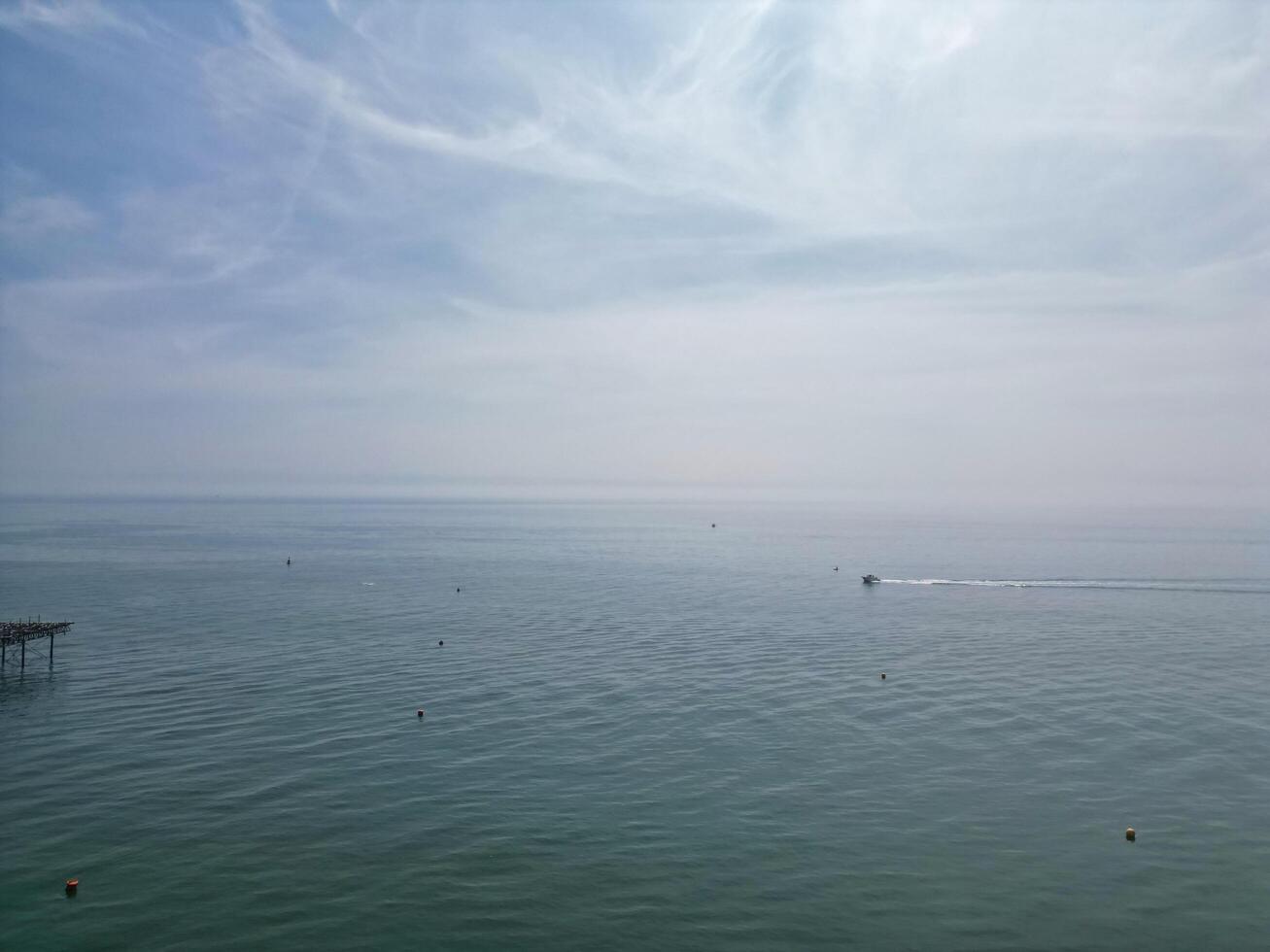 Most Beautiful Aerial View of British Beach and Ocean at Brighton and Hove City of England United Kingdom. High angle Most Wanted British Tourist Attraction Was Captured on May 9th, 2024 photo