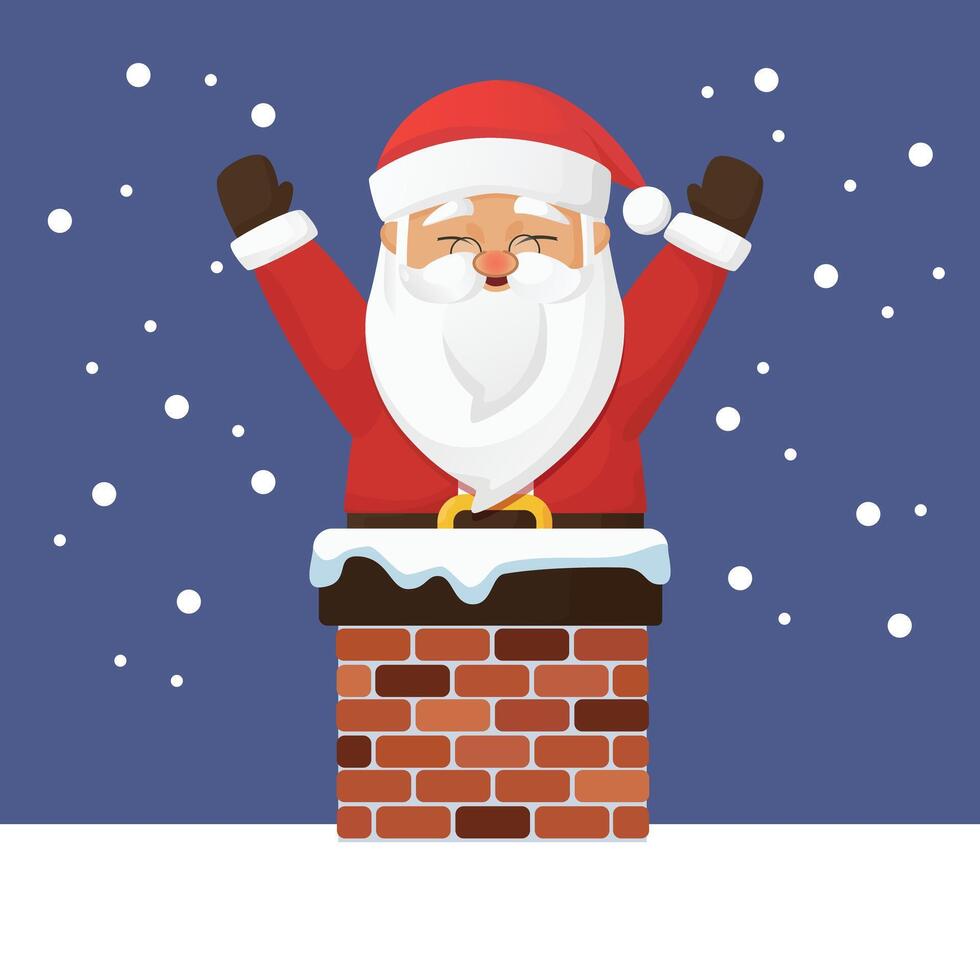 Santa Claus Chibi cute character free art flat design in cartoon style with smiling face trying to come inside the chimney but stuck perfect for merry Christmas and kids book asset design isolated vector