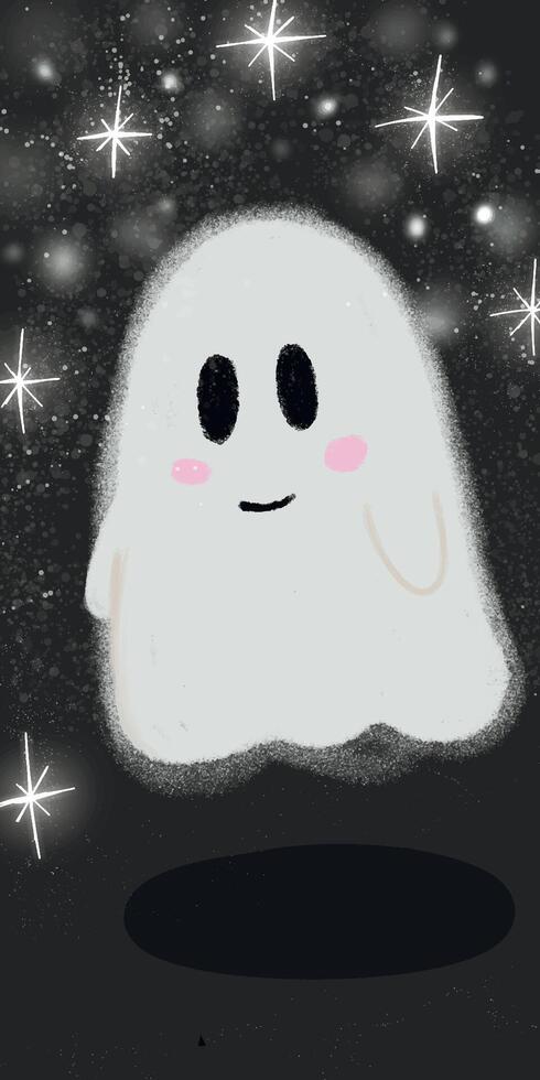 Simple cartoon flat hand drawn ghost with cute smile. Spooky Halloween symbol with shining and starring. vector