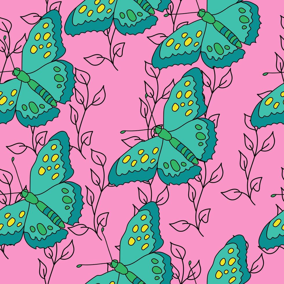 Seamless pattern of bright blue butterflies and gentle contour doodle twigs on a pink background vector
