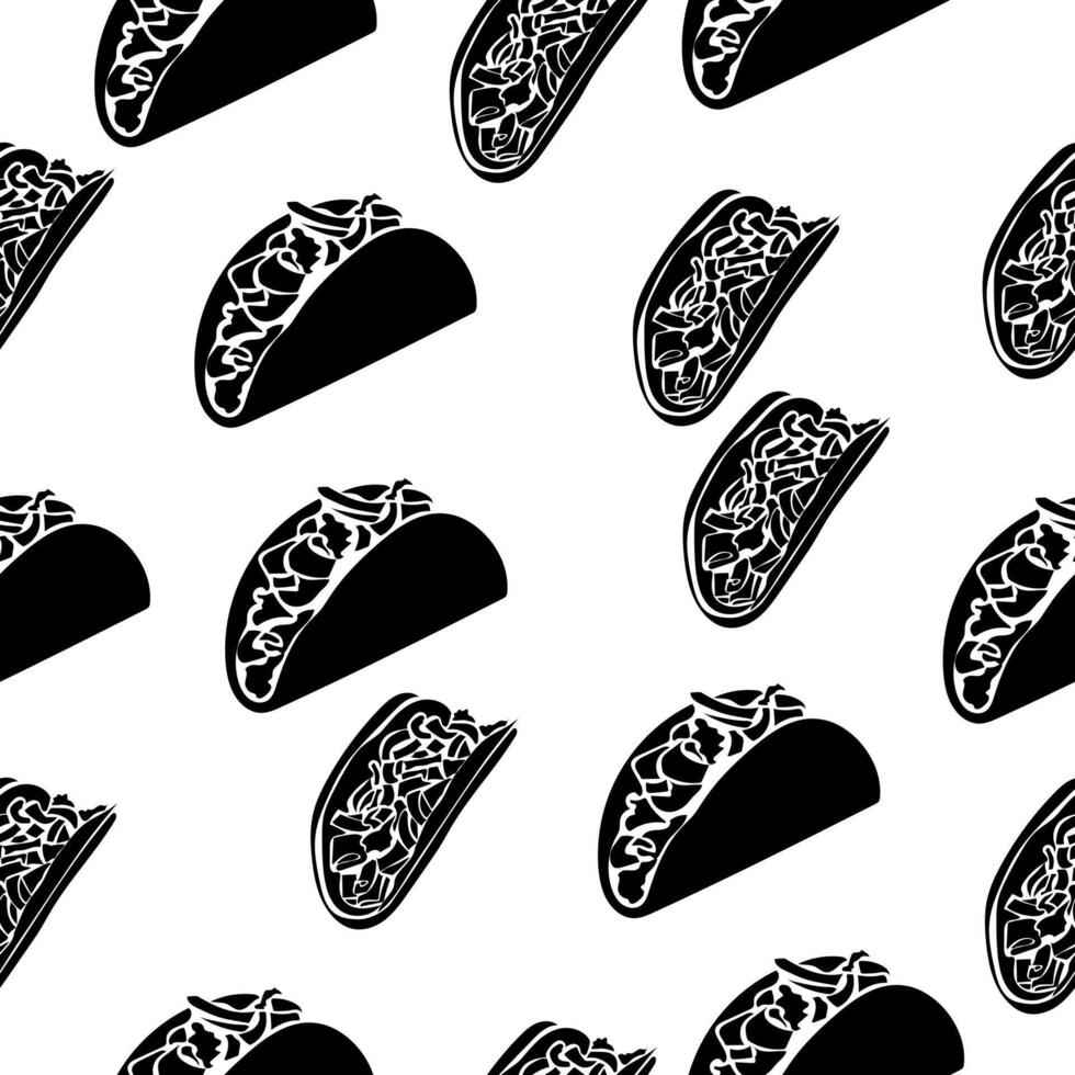 Seamless pattern of silhouettes of tacos, delicious traditional food on a white background vector