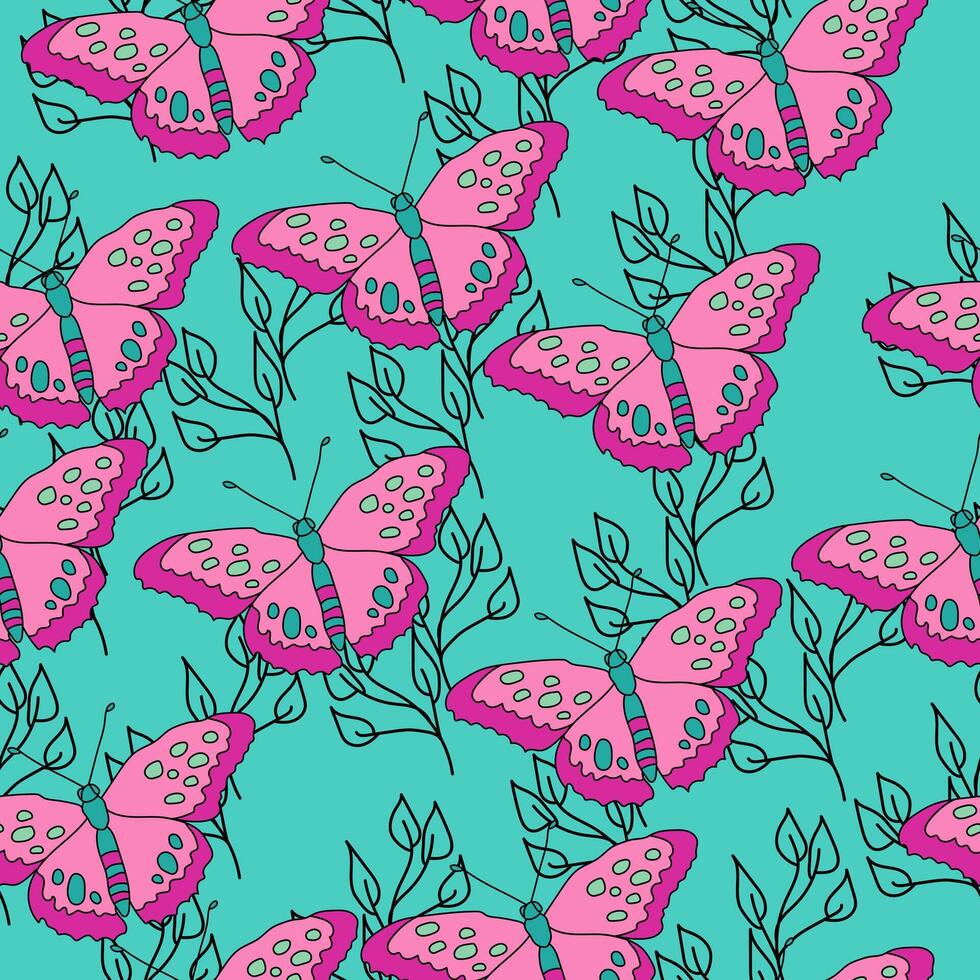 Seamless pattern of bright pink butterflies and gentle contour doodle twigs on a blue background vector