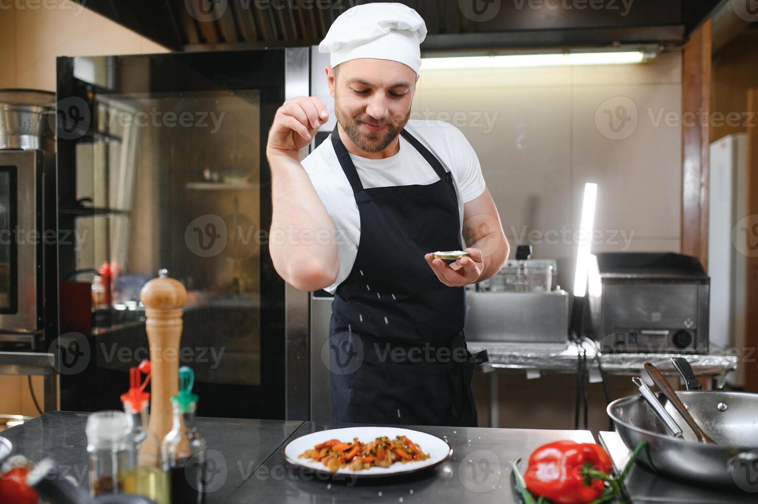 Closeup of a concentrated male chef garnishing food in the kitchen photo