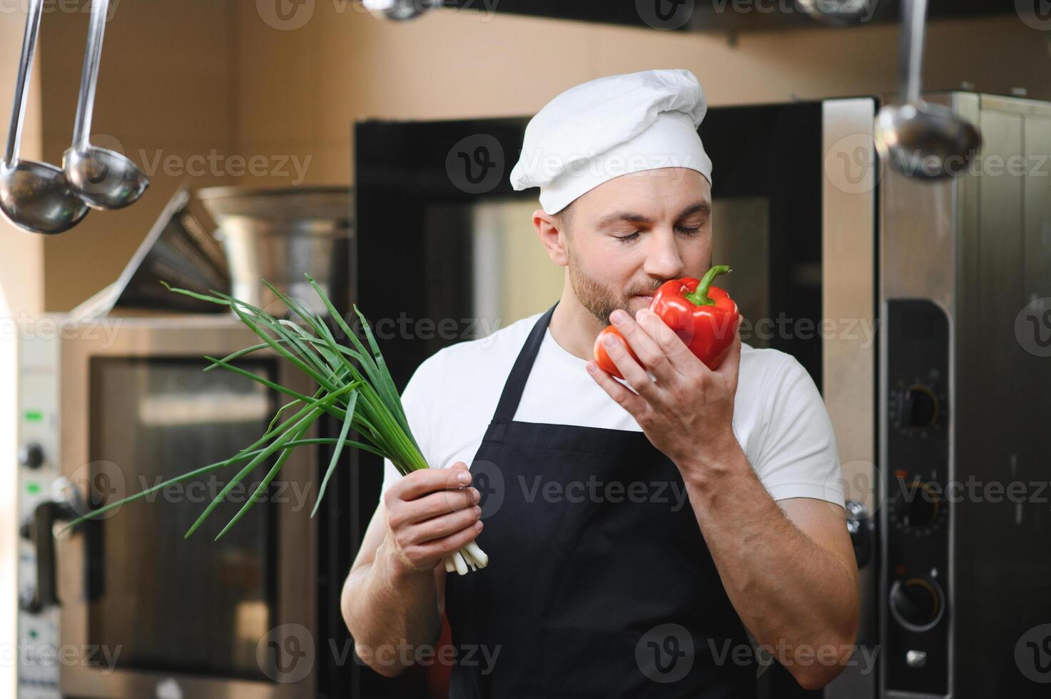 Chef cook preparing vegetables in his kitchen photo
