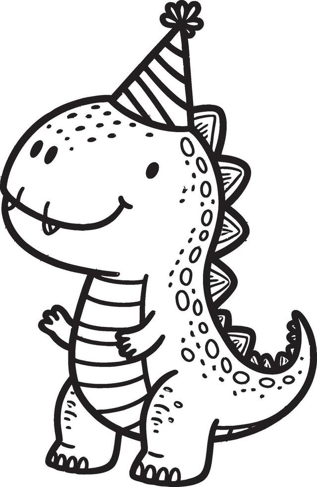 A dinosaur with a party hat on its head coloring page vector