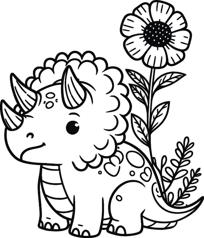 A cute dinosaur with flowers coloring page vector