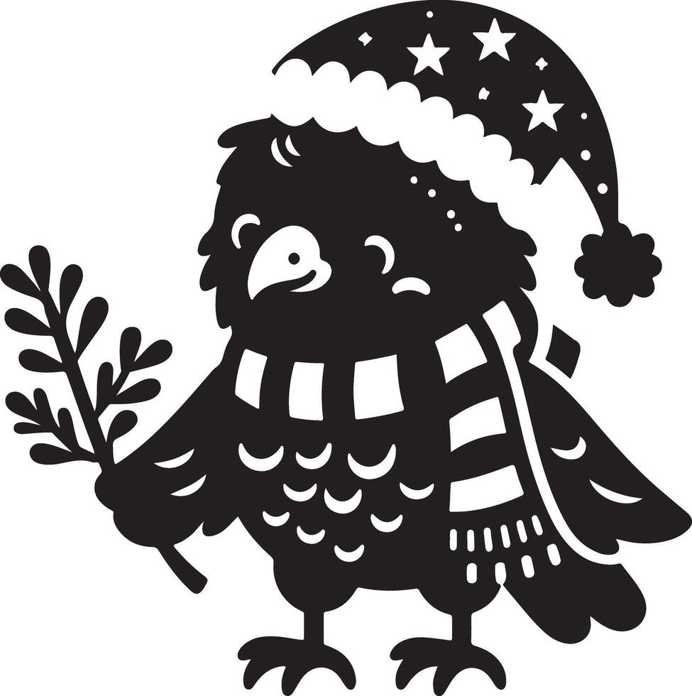 A Cute Crow Sitting Christmas Holiday Santa Hat Cartoon illustration white background vector