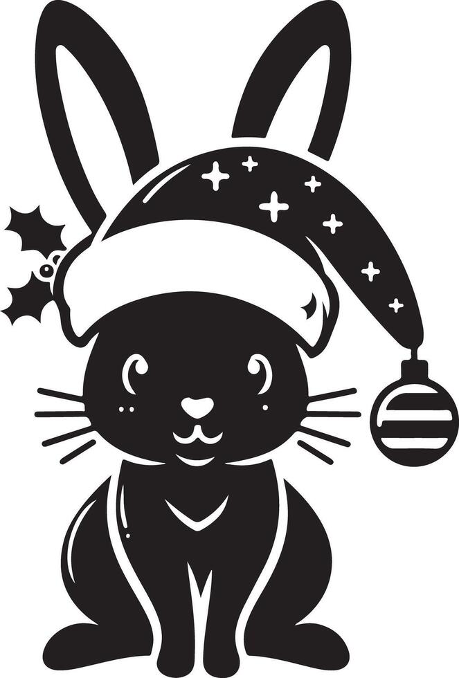 A Cute Bunny Sitting Christmas Holiday Santa Hat Cartoon illustration white background vector