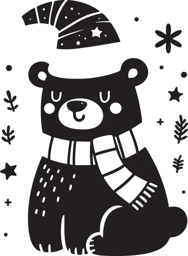 Monochrome line art bear in sketch style coloring page illustration vector