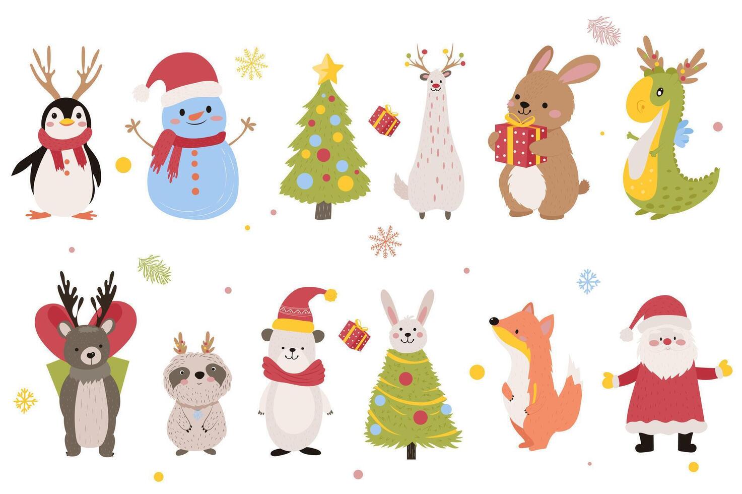 Christmas cute characters mega set elements in flat graphic design. Collection objects of penguin with deer antlers, snowman in hat, Santa Claus, festive tree, rabbit, other. illustration. vector
