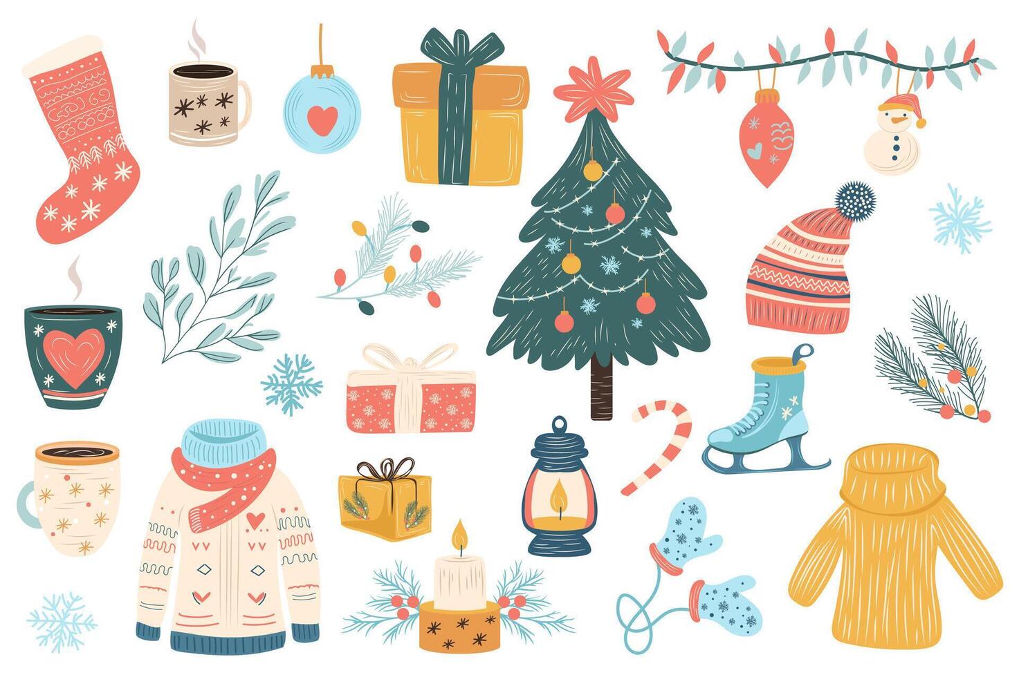 Christmas mega set elements in flat graphic design. Collection objects of sock, cup, ball toy, gift, tree with decoration, garland, hat, fir brunch, snowflakes, sweaters, other. illustration. vector