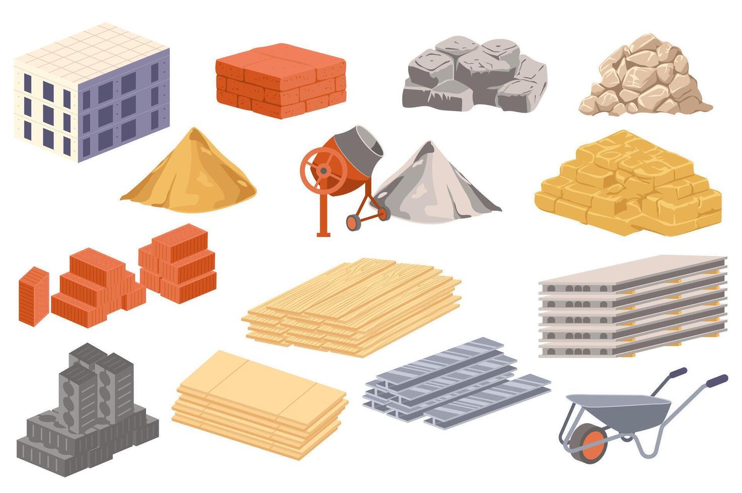 Building materials mega set elements in flat graphic design. Collection objects of house construction, blocks, stones pile, sand, concrete mixer, wooden boards, slabs, others. illustration. vector