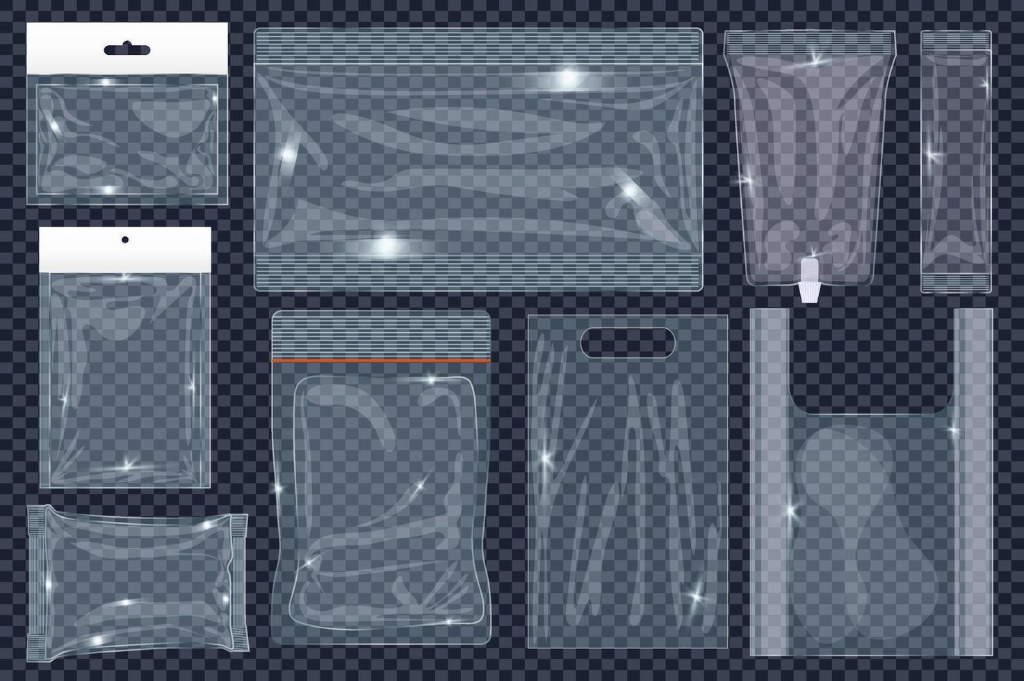 Transparent blank food packs mega set elements in flat graphic design. Collection objects of different shape empty plastic package with zip lock, waterproof polythene packaging. illustration. vector