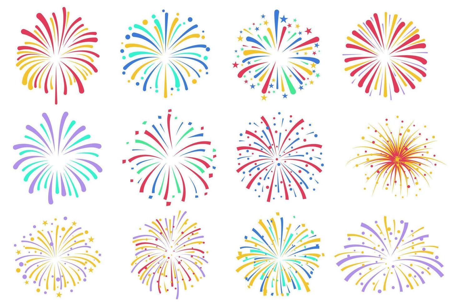 Flashes of celebratory salutes mega set elements in flat graphic design. Collection objects of colorful exploding festival fireworks, firecracker pyrotechnics at festive sky show. illustration. vector