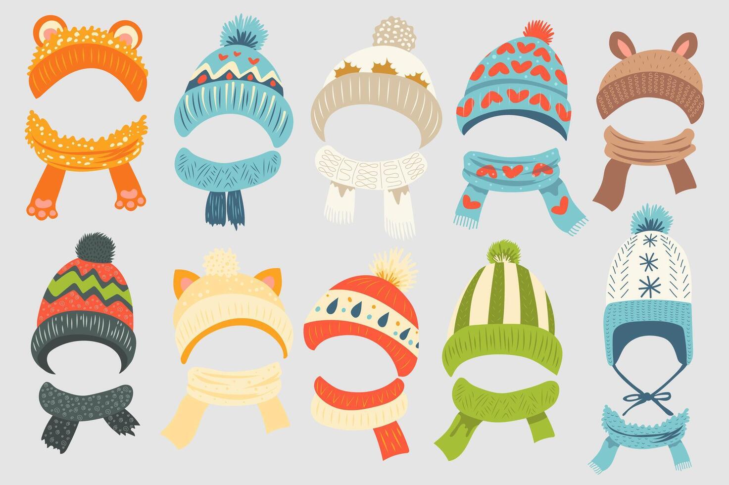 Children winter knit hats mega set elements in flat graphic design. Collection objects of wam woolen headwear with scarfs, different headdress with cute prints or animal ears. illustration. vector