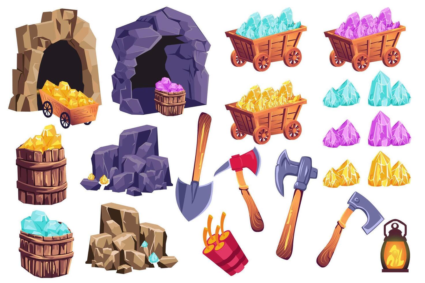 Cartoon mining tools mega set elements in flat graphic design. Collection objects of rocky cave, lantern, wheelbarrow with colored crystals, shovel, pickaxe, dynamite, other. illustration. vector