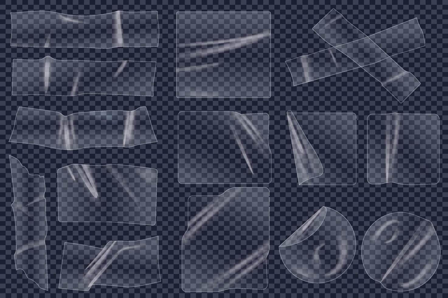 Transparent adhesive plastic tapes mega set elements in flat graphic design. Collection objects of different shape crumpled glue stickers, overlay wrinkled sellotape texture. illustration. vector
