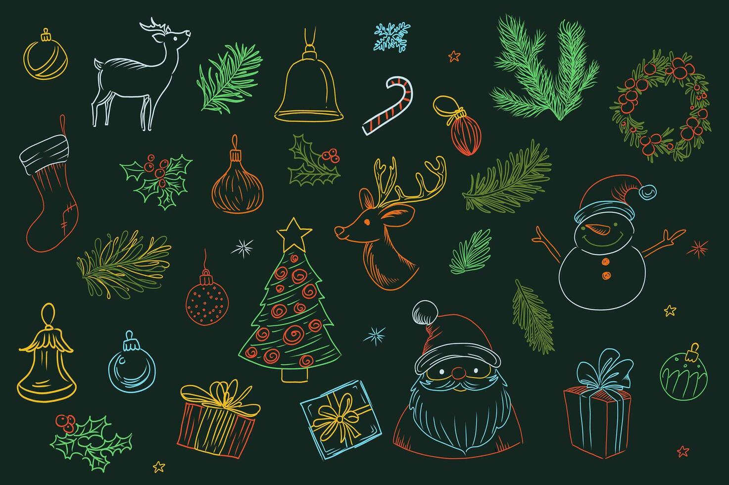 Christmas hand drawn doodle mega set elements in flat graphic design. Collection objects of reindeer, fir branch, bell, candy, wreath, snowman, holly, gift, Santa Claus, other. illustration. vector