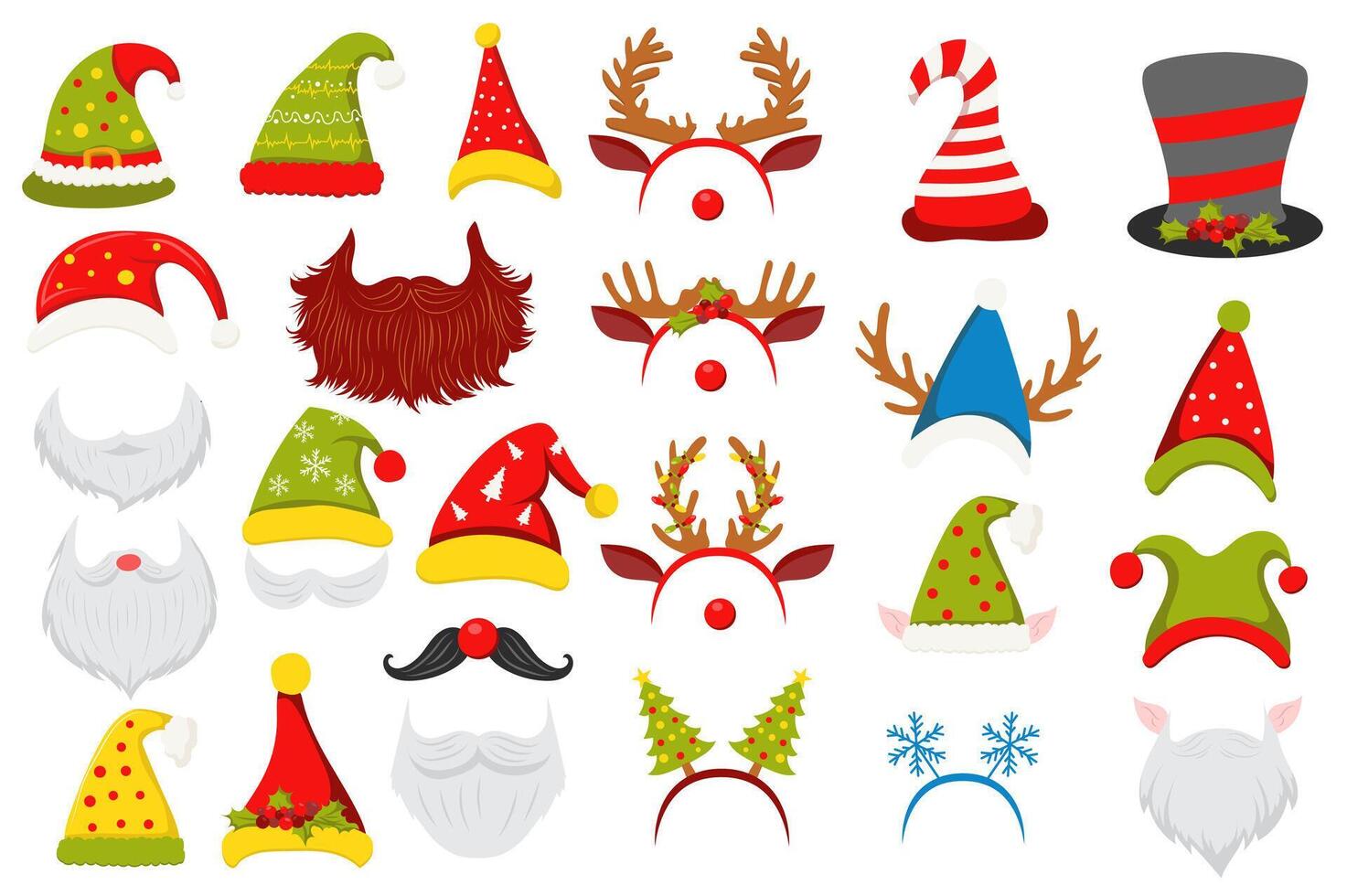Christmas hats mega set elements in flat graphic design. Collection objects of elves headwear, Santa Claus beard and moustaches, deer antlers, trees, snowflakes masks, other. illustration. vector