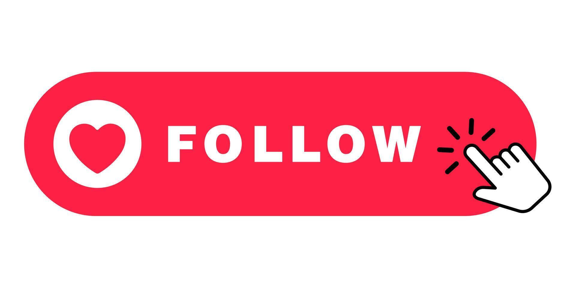 Social media follow button in red with heart symbol, hand clicking icon, follower sign for online platforms, button design to represent follow action, icon for gaining followers, simple media design vector