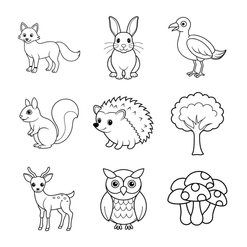 Woodland Creatures Party Line Art Bundle Owl, Deer, Fox, Hedgehog, Rabbit, Bird, Squirrel, Tree, Mushrooms vector