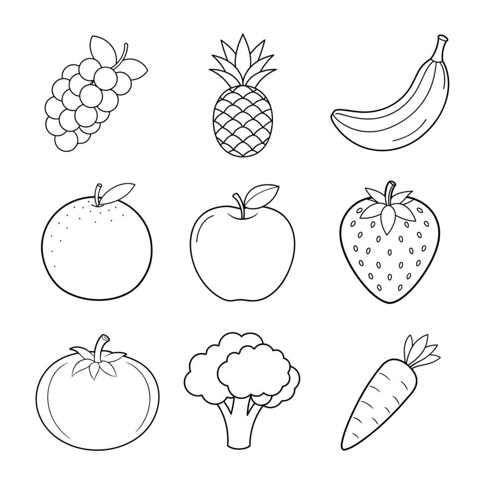 Happy Fruits and Veggies Line Art Bundle Apple, Banana, Carrot, Strawberry, Pineapple, Broccoli, Orange, Grapes, Tomato vector