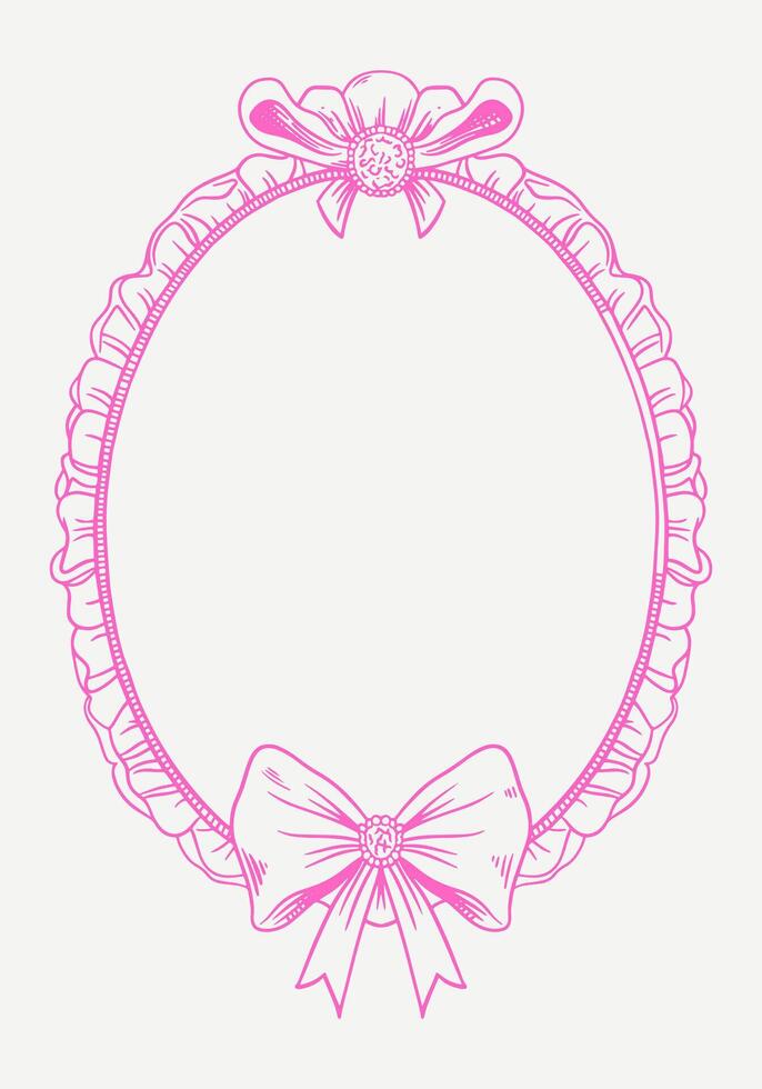 Hand-drawn frame with elegant bows and ribbons in a minimalist, girly style. Perfect for wedding invitations, birthday cards. Includes pink, boho, and baroque elements in a classic, feminine design vector