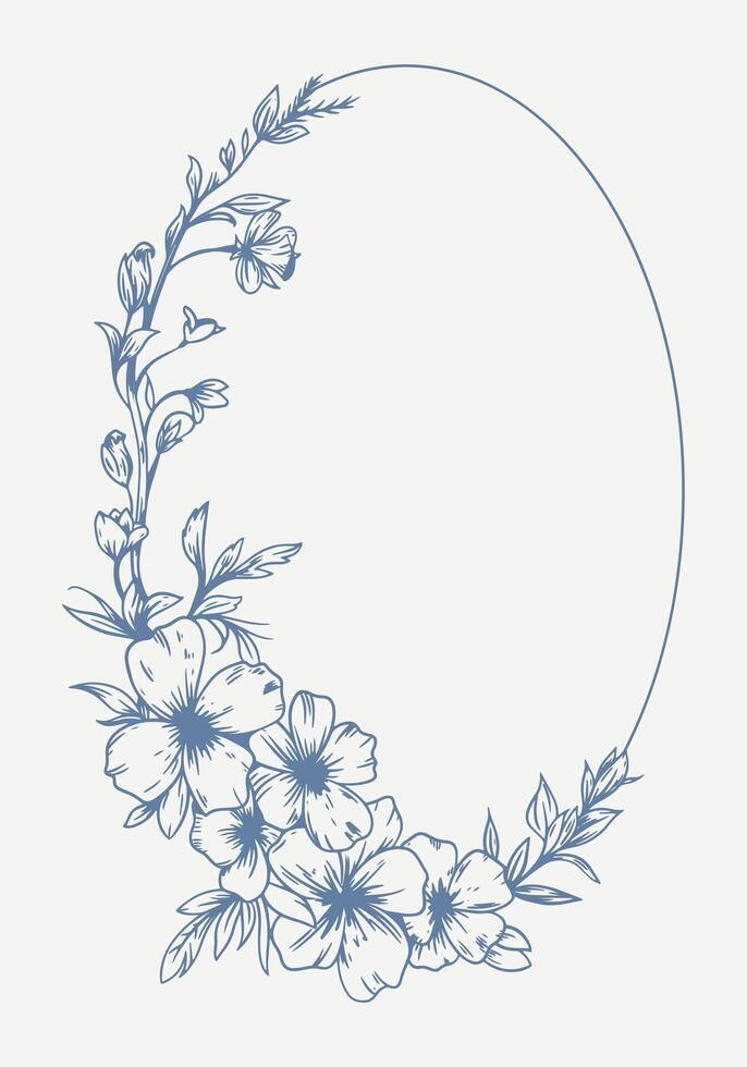 Botanical blue wedding frame or wreath on white background. Hand drawn floral, flower, leaf branch in toile de jouy style. Line art for wedding, monogram, invitation, greeting, logo, birthday cards vector