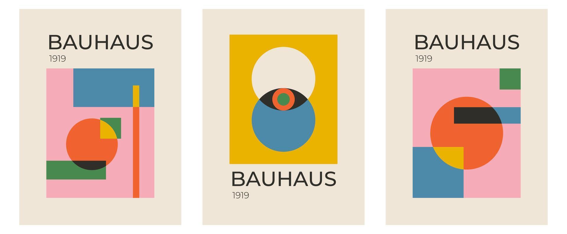 Set of trendy modern abstract geometric bauhaus posters with circle, square line shape. Minimalistic print for wall art decoration, postcard or brochure cover design in retro style art vector