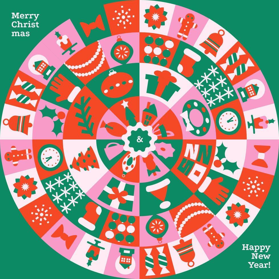 Happy New Year 2025 trendy minimal greeting card concept. Christmas design in modern minimalist geometric style. Colorful illustration in flat style. Round shape with geometrical patterns.Flat vector