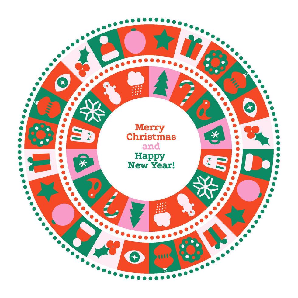 Christmas greeting card template with geometric pattern elements for Winter Holiday season. Trendy contemporary abstract design. Modern minimal Flat illustration. Round ornate composition vector