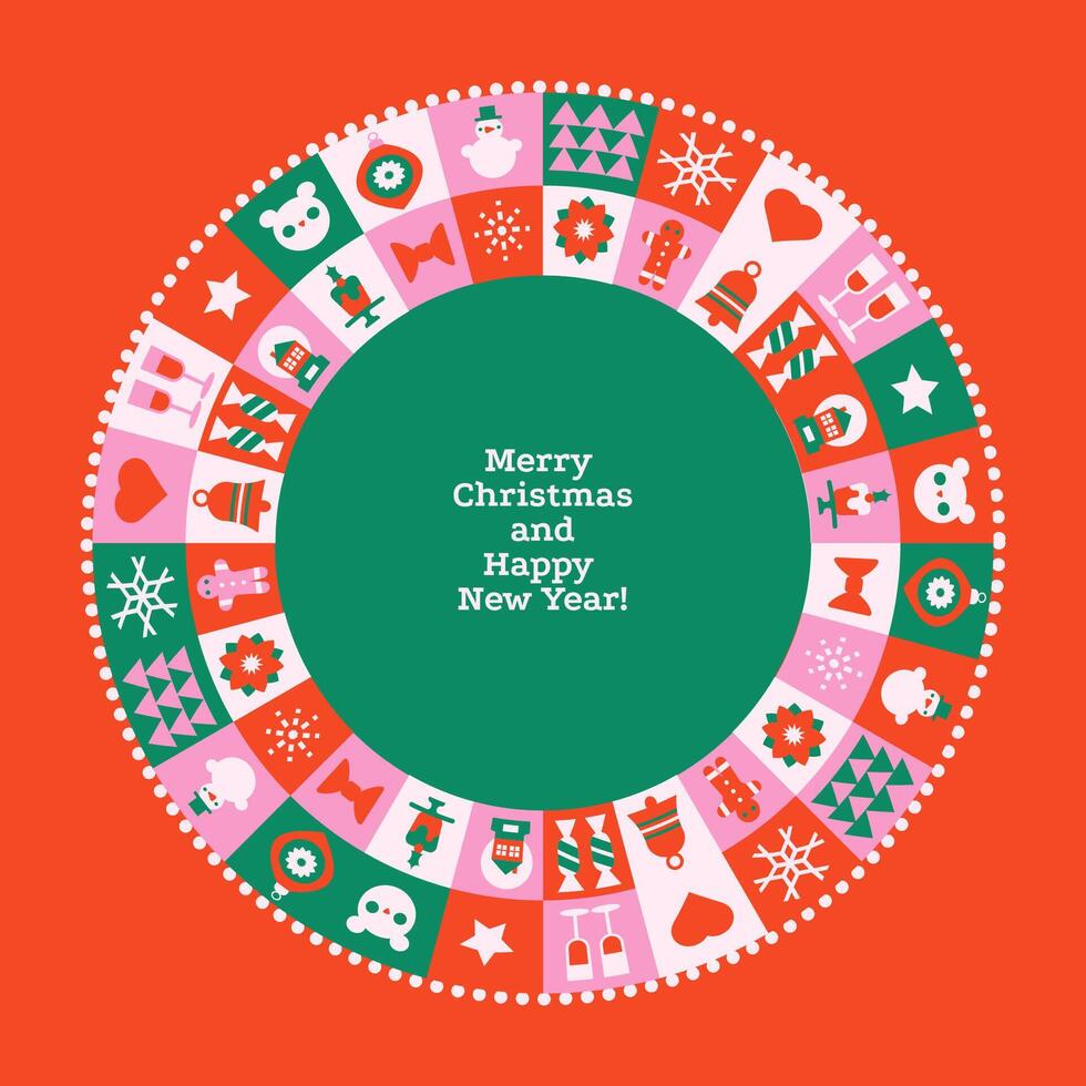 Christmas minimalist greeting card with festive abstract icons in round frame. Geometric flat illustration. Round composition. vector