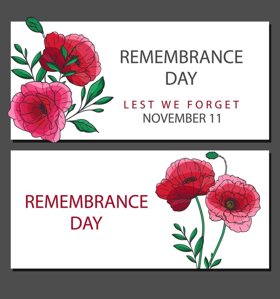 Remembrance day banner template design. Lest we Forget.Poppy Flower Illustration. Red Poppies. Botanical Background. Hand drawn floral background template. Poppy Bouquet. vector