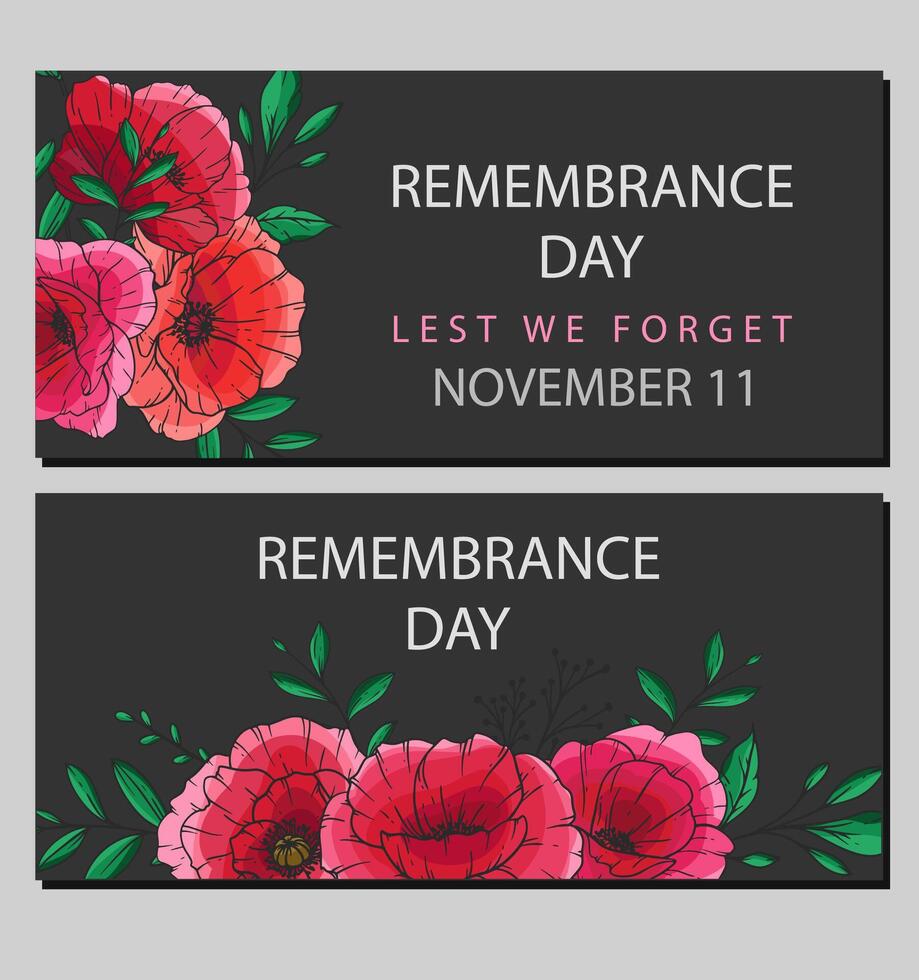 Remembrance day banner template design with poppy. Lest we Forget.Poppy Flower Illustration. Red Poppies. Botanical Background. Hand drawn floral background template. Poppy Bouquet. vector
