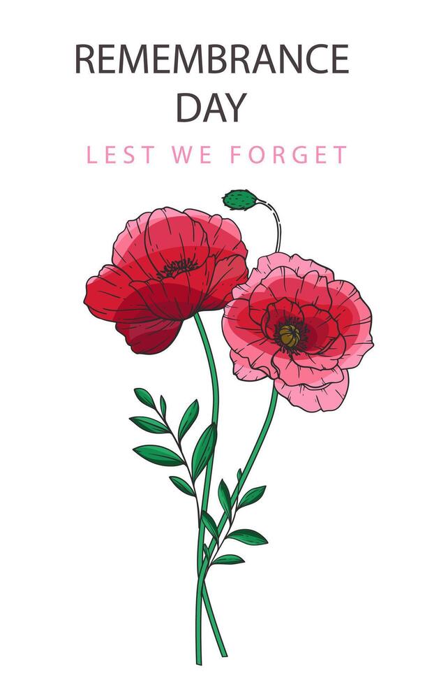 Remembrance day banner template design. Lest we Forget.Poppy Flower Illustration. Red Poppies. Botanical Background. Hand drawn floral background template. Red Poppy Bouquet. vector