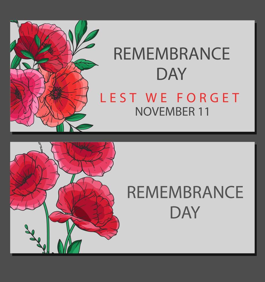 Remembrance day banner template. Lest we Forget.Poppy Flower Illustration. Red Poppies. Botanical Background. Hand drawn floral background template. Poppy Bouquet. vector