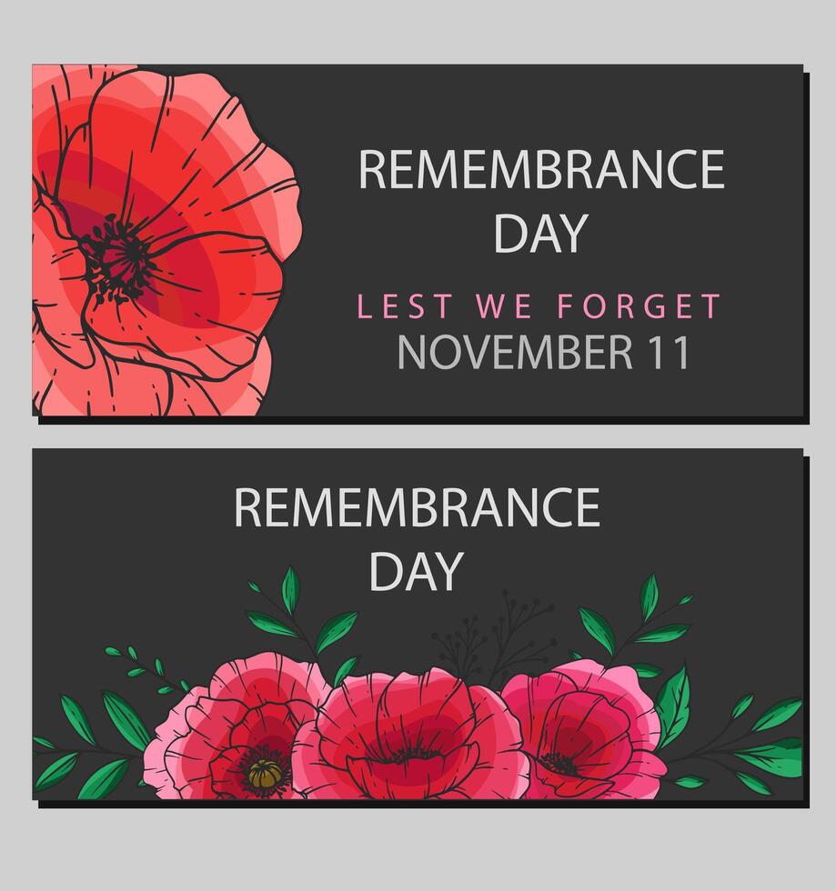 Remembrance day banner design. Lest we Forget.Poppy Flower Illustration. Red Poppies. Botanical Background. Hand drawn floral background template. Poppy Bouquet. vector