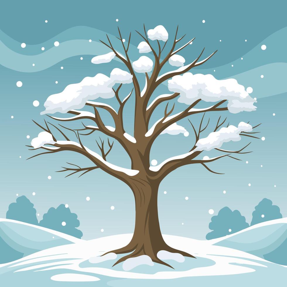 Winter tree covered with snow against the background of a winter landscape. Illustration. vector