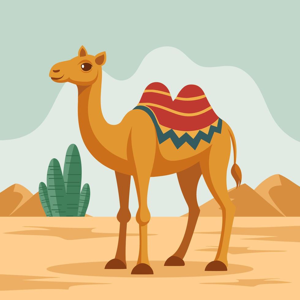 Cute two-humped camel in desert landscape. Flat style illustration. vector