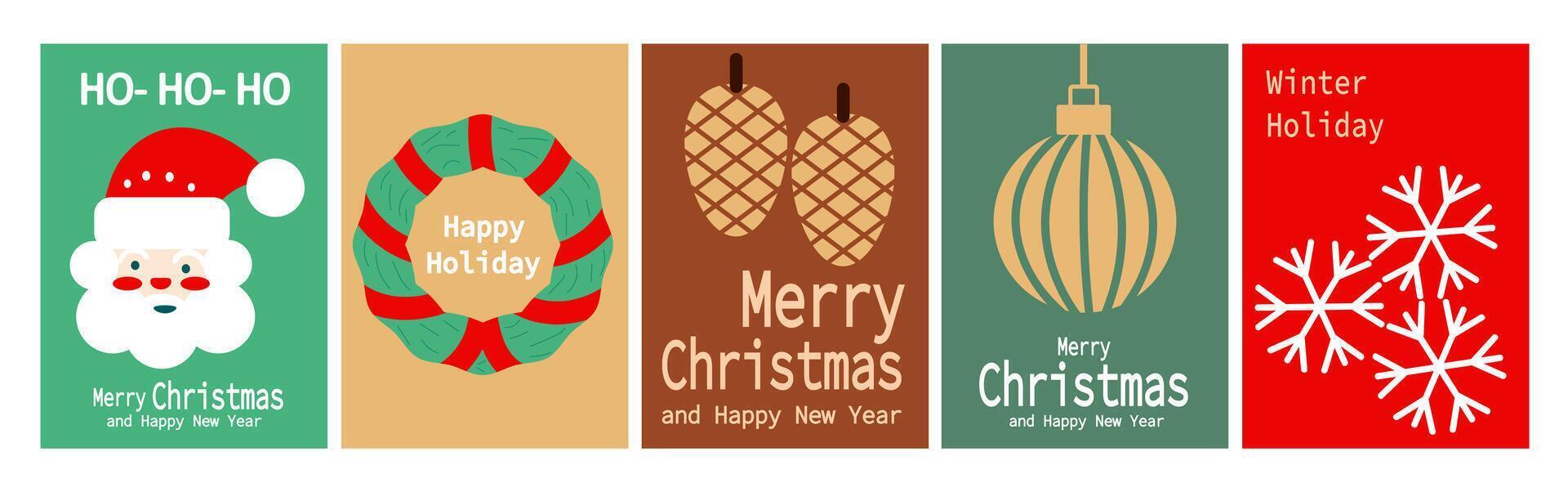 Merry Christmas and Happy New Year Set of greeting card, poster, holiday cover. Modern Xmas design in simple geometric style vector